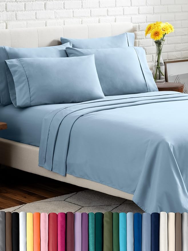 Bare Home Hotel Luxury Split King Sheet Set, Extra Soft, 7 Piece Set, Deep Pockets, Easy Fit, Cooling & Breathable, Wrinkle, Fade, Stain Resistant, Includes 4 Pillowcases (Split King, Light Blue)