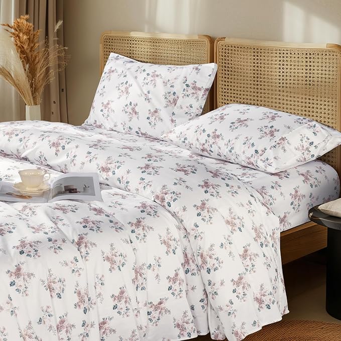 LBRO2M 1000 Thread Count Sheets 100% Egyptian Cotton Bedding Set Floral King Size Sheets 16 Inches Deep Pocket Bedding 4 Piece Sets (King, Rose)