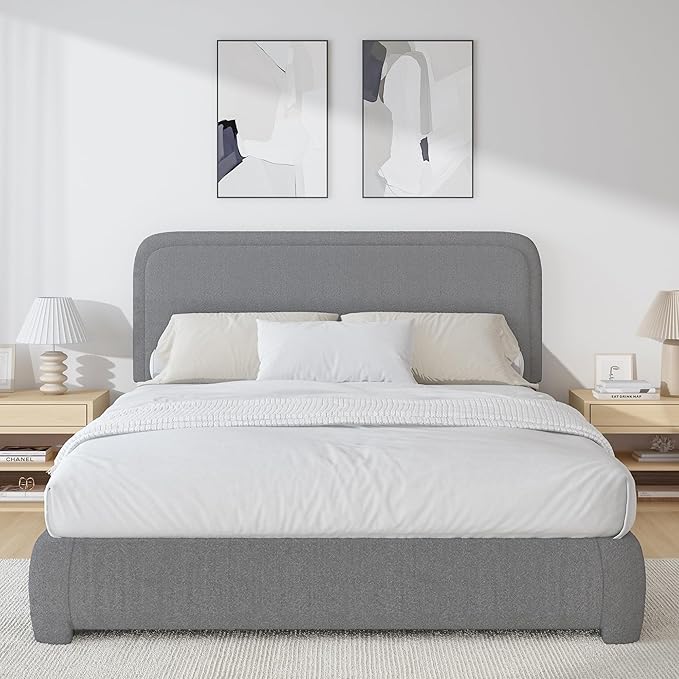 BarnFurin Queen Size Boucle Bed Frame with Headboard, Upholstered Platform Bed with Wood Slats, Soft Rounded Corners, No Box Spring Required, Easy Assembly, Light Grey