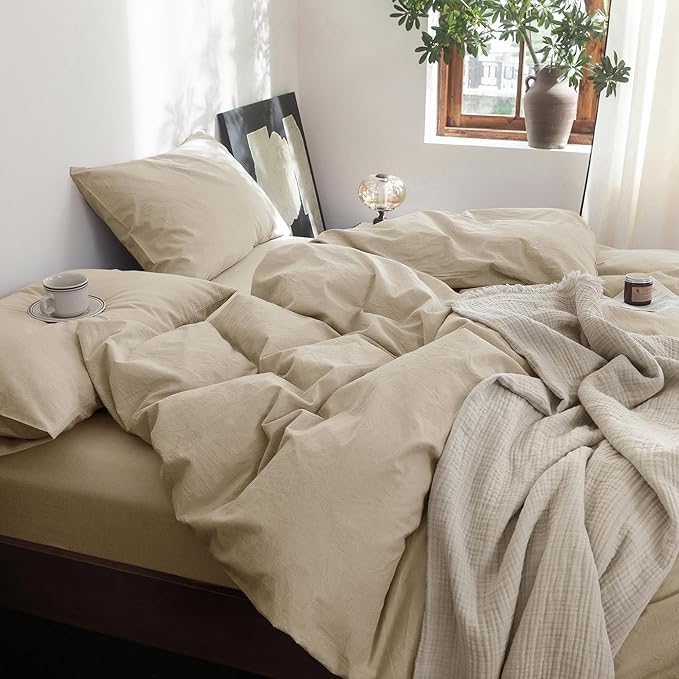 FOSSA Duvet Cover Set 100% Washed Cotton Linen Feel Super Soft Breathable Cozy 3 Pieces Bedding Sets Solid Light Khaki King
