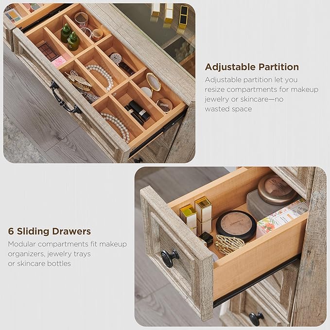 Vanity Desk with Mirror and Lights, 48'' LED Lights Farmhouse Makeup Vanity with 8 Drawers, Vanity Table with 3 Color Modes, Dressing Table with Glass Top and Power for Bedroom(Light Rustic Oak)