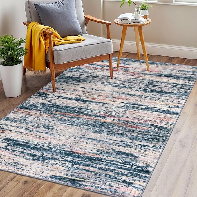 3x5 Modern Abstract Area Rug for Entryway, Teal Blue Peach Gray Multi Super Soft Washable Rug with Non-Slip, Low-Pile Door Mat Indoor for Living Room Bedroom, Living Carpet with Non-Shedding