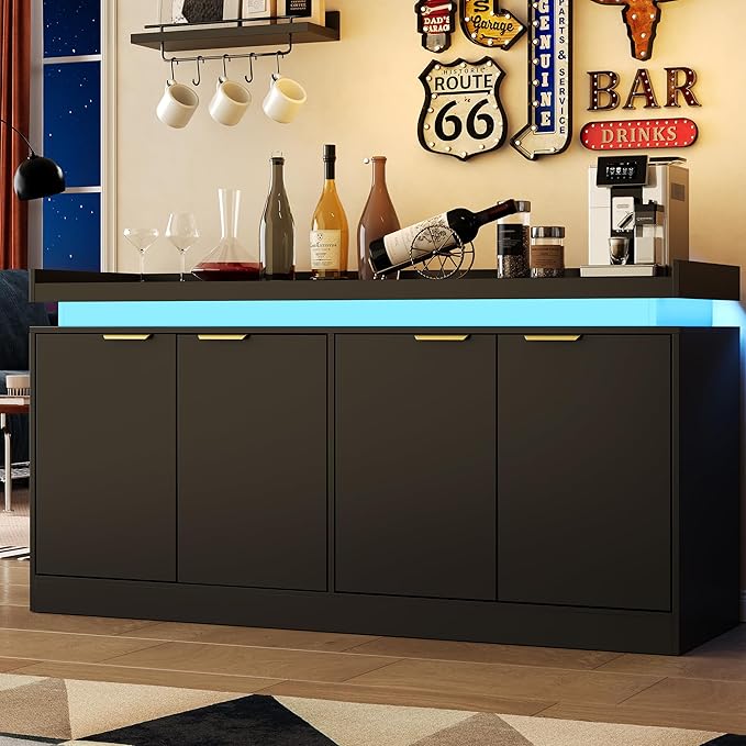 LED Sideboard Buffet Cabinet with Storage, 63'' Large Kitchen Buffet Cabinet Storage Cabinets with 4 Doors, Wood Coffee Bar Cabinets Buffet Table for Kitchen, Dining Room, Entryway