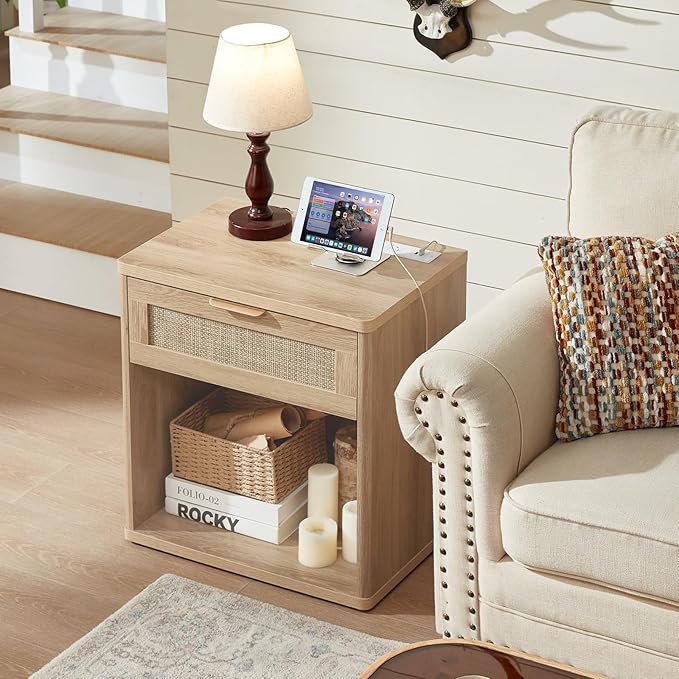 LEYAOYAO Rattan Dresser and Nightstand Set of 2, Boho Wood Dresser for Bedroom with 6 Drawers and Night Stand with Charging Station, Bedroom Furniture, Dressers & Chests of Drawers,Living Room,Hallway