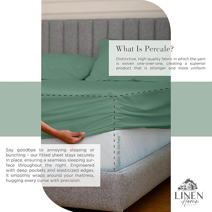 Linen Home 100% Cotton Percale Sheets Twin XL Size, Frosty Green, Deep Pocket, 3 Pieces Set - 1 Flat, 1 Deep Pocket Fitted Sheet and 1 Pillowcase, Crisp Cool and Strong Bed Linen