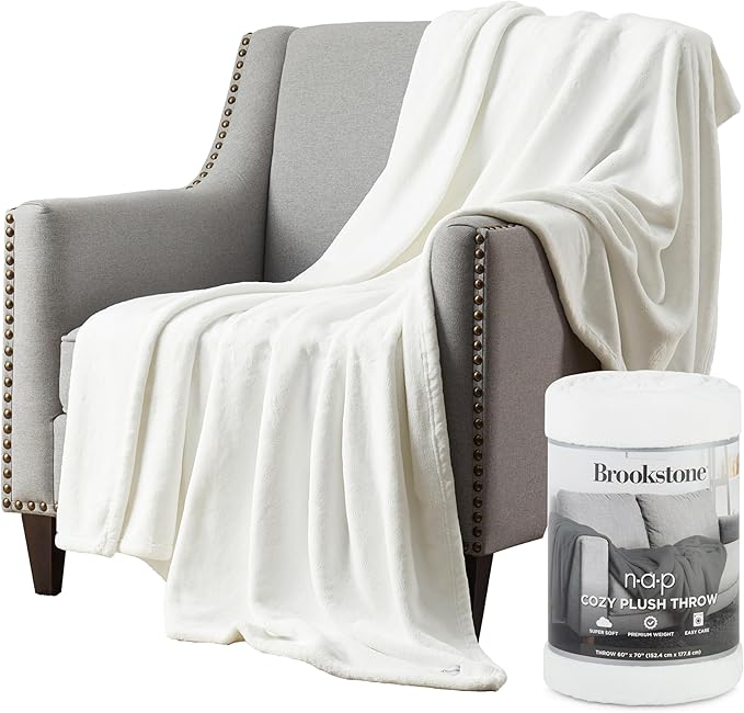 Brookstone Nap Plush Throw Blanket for Couch | Warm & Super Soft Blanket with Unmatched Heavy, Dense, and Ultra-Comfy Throw | Luxurious Drape, Cozying Up on a Sofa, Chair | White