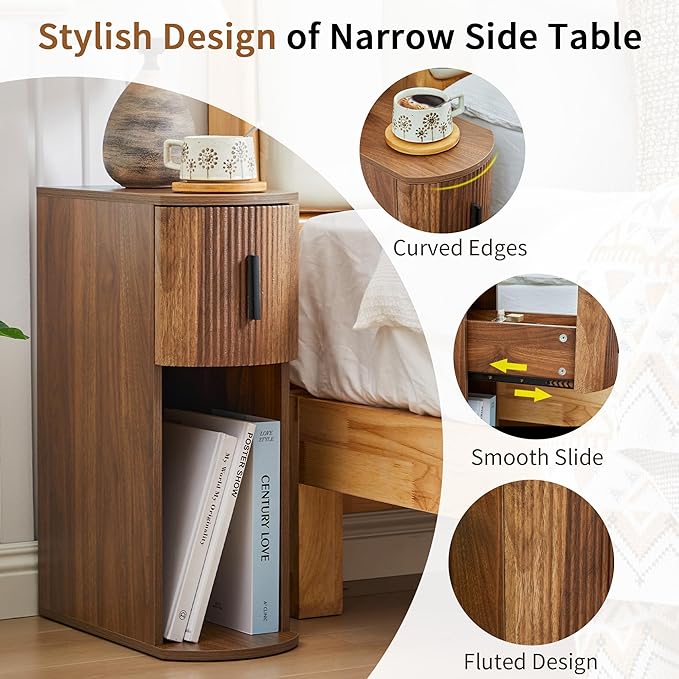 Narrow Nightstand Set of 2, Fluted Small Night Stand, Slim Curved Storage End Table with Drawer, Mid Century Modern Wooden Bedside Cabinet for Living Room, Bedroom,Small Spaces, Walnut