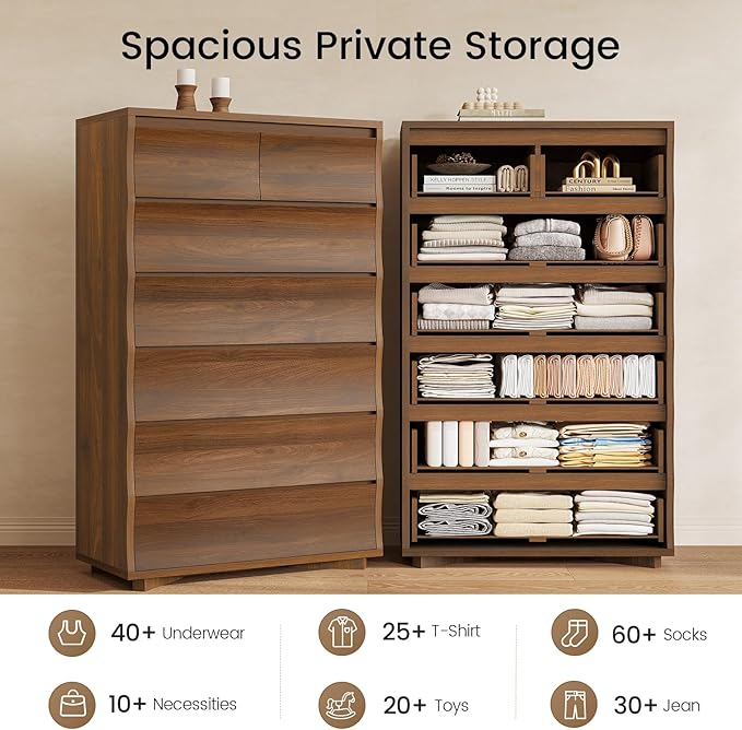 Tall Dresser for Bedroom, 52.8" Tall Dresser with 7 Drawers, Wood Dressers & Chests of Drawers, Accent Upright Drawer Organizers for Closet, Hallway