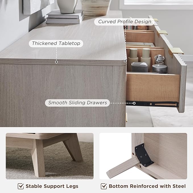 T4TREAM Fluted 9 Drawers Dresser, 54" Wide Modern Chest of Drawers, Curved Profile Design, Dresser TV Stand, Wood Drawer Organizer for Bedroom, Living Room, Hallway, White Alder