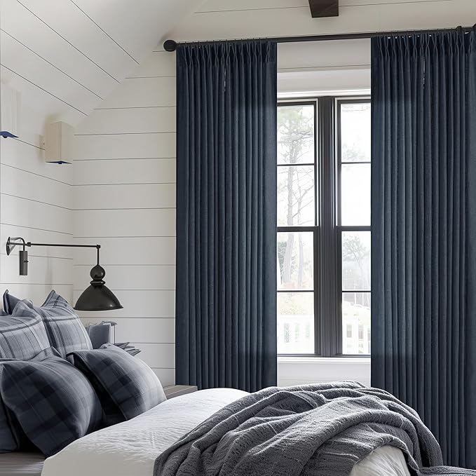 Pinch Pleated Navy Linen Curtains 84 Inches Long 2 Panels Set for Living Room Dining Pinch Pleat Back Tab Light Filtering Farmhouse Boho Retro Window Curtain Drapes 84 Inch Length Dark Blue Indigo