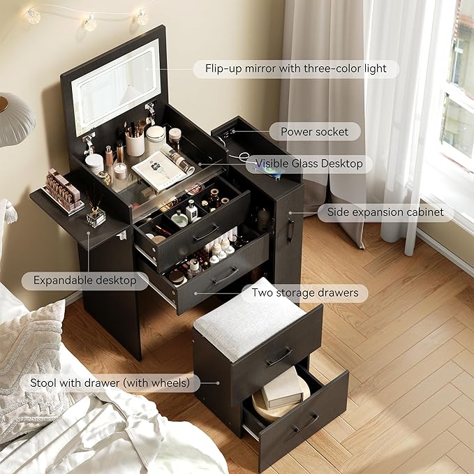 3 in 1 Vanity Desk with Flip Top Mirror, LED Lights, Side Cabinet,Collapsible Desk Panel, Hidden Stool with Storage, Small Makeup Vanity Table with Power Outlets, Compact Vanity, Black PT01DTB