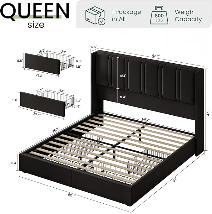 LARMACE Queen Size Bed Frame with 4 Storage Drawers and Wingback Headboard Velvet Upholstered Platform Bed Frame with Wooden Slats, Easy Assembly, Black
