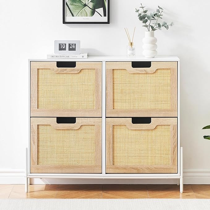 IDEALHOUSE Rattan Shoe Storage Cabinet with 4 Flip Drawers, Freestanding Shoe Organizer with Adjustable Shelves for Entryway, Narrow Shoe Rack Cabinet, Farmhouse Slim Shoe Cabinet, White