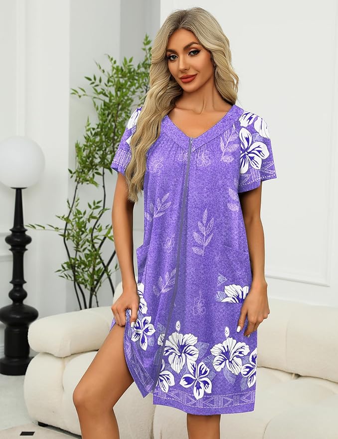 Ekouaer Women Robe Zipper Front Mumu Duster Robes Zip Up Housecoat Soft Sleepwear with Pockets S-3XL