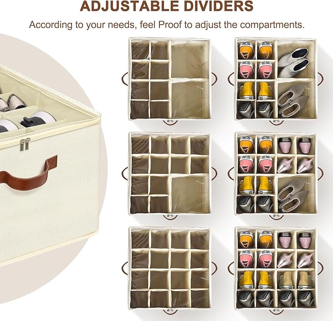Shoe Organizer for Closet, Foldable Shoe Storage Box with Clear Top Lid, 3 Leather Handles, Adjustable Dividers, Fits 8-16 Pairs, Stackable Shoe Bin for Bedroom (Beige, 2 PCS/16.9*11.8*1.57 inch)