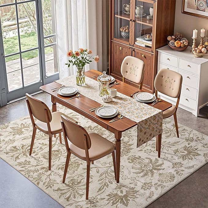 jinchan Torino Floral 5x7 Area Rugs, Vintage-Inspired Neutral Design Accent Rug, Machine Washable Ultra-Thin Low-Pile Non-Slip Traditional Carpet for Living Room Bedroom Dining Room Home Office, Taupe