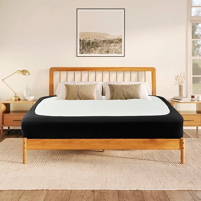 Biscaynebay Decorative Box Spring Cover King & Cal King Size, Black Luxurious Jersey Knitting Stretchy Wrap Around 4 Sides Bed Skirts for Home/Hotels, Easy Fit Wrinkle Free Machine Washable
