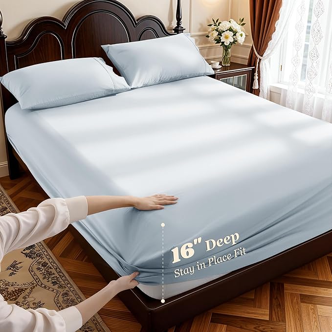 LBRO2M 1000 Thread Count 100% Egyptian Cotton Sheets Set King Size, 4 Piece Sets Bed Sheet Deep Pocket Sheet Set 16" Soft Comfortable All Season (King, Ice Blue)