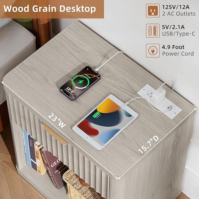 LEYAOYAO Fluted Nightstand with Charging Station, 23" Wide 1 Drawers Night Stand,LightGrey End Table with Open Storage,Farmhouse Bed Side Tables, Wood Dresser for Bedroom, Living Room, Closet