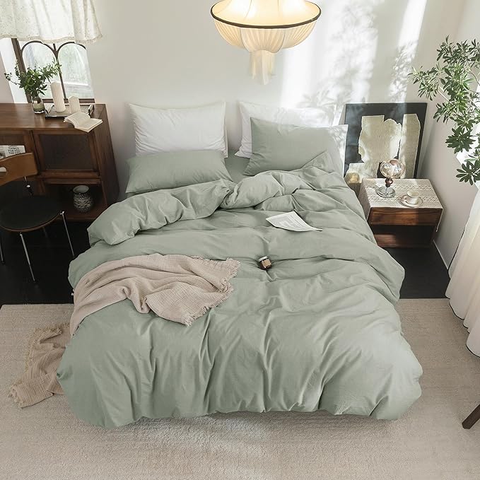 FOSSA Duvet Cover Set 100% Washed Cotton Linen Feel Super Soft Breathable Cozy 3 Pieces Bedding Sets Solid Sage Green California King