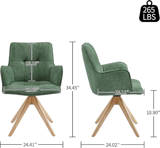 Art Leon Desk Chair Without Wheels - Mid Century Modern Swivel Office Chair, Fabric Upholstered Accent Chair with Oak Wood Legs for Small Space Living Room Bedroom, Set of 2, Green