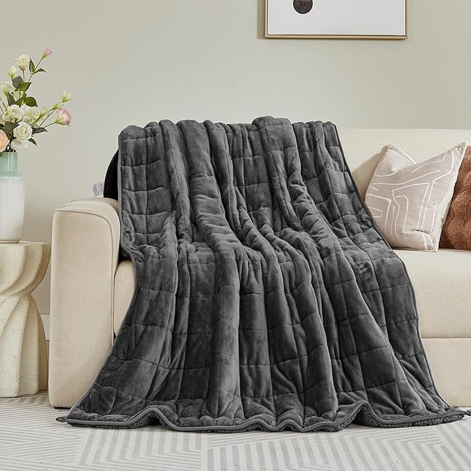 Sherpa Fleece Adult Weighted Blanket, 15 Pounds Dual Sided Soft Plush Blanket for Couch Bed Sofa, Heavy Thick Blankets with Glass Beads Great for Sleep, 60 x 80 inches, Dark Grey on Both Sides