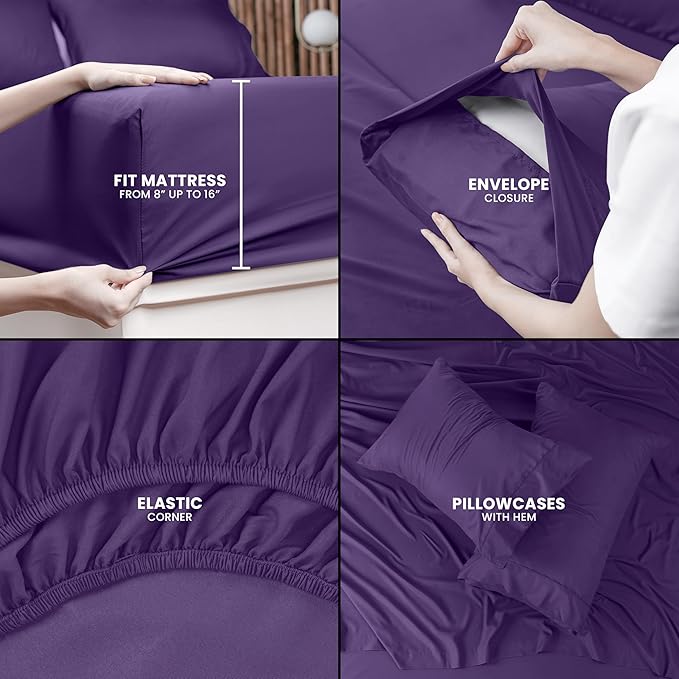 Utopia Bedding Queen Sheet Set – 4 Piece Bed Sheets for Queen Size Bed, Soft and Breathable Microfiber, Includes 1 Fitted Sheet, 1 Flat Sheet and 2 Pillowcases (Egg Plant)