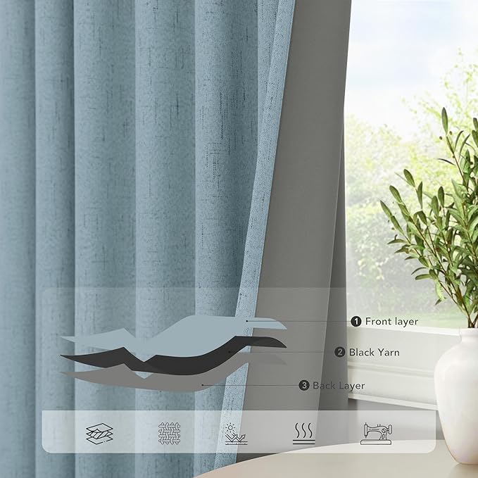 Slate Blue Curtains 108 Inches Long 2 Panel Burg 100% Blackout Boho Linen Textured Darkening Thermal Insulating Ceiling to Floor Length Drapes Dusty Blue Grey Curtain for Bedroom Living Room Divider