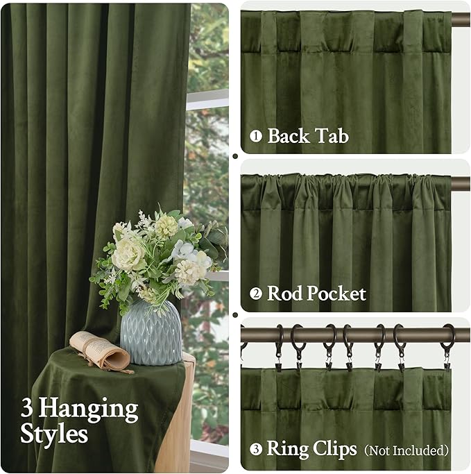 LAMIT Velvet Curtains 102 Inches Long for Living Room, Sage Green Thermal Insulated Soundproof Panels Room Darkeing Back Tab and Rod Pocket Drapes for Bedroom/French Country, 2 Panels, 52 x 102 Inch