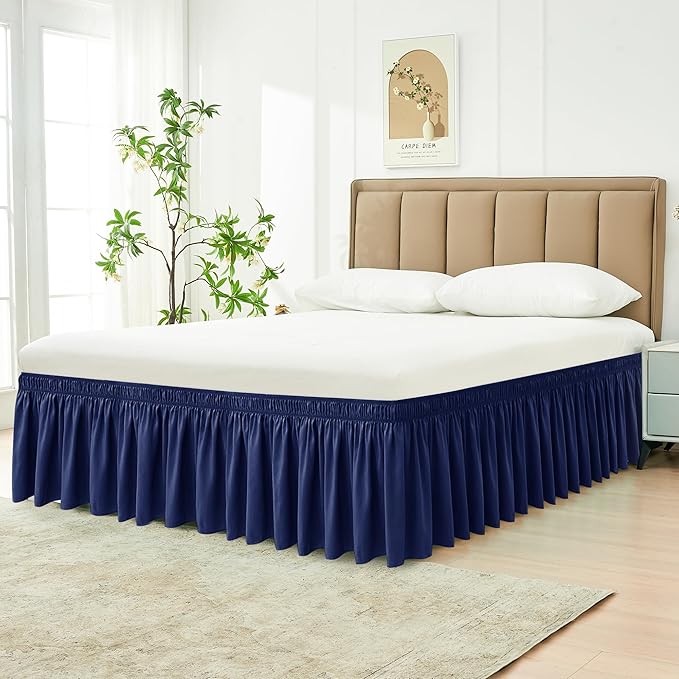 Biscaynebay Wrap Around Bed Skirts for King & Cal King Beds 16" Drop, Navy Adjustable Elastic Dust Ruffles Easy Fit Wrinkle & Fade Resistant Silky Luxurious Fabric Solid Machine Washable