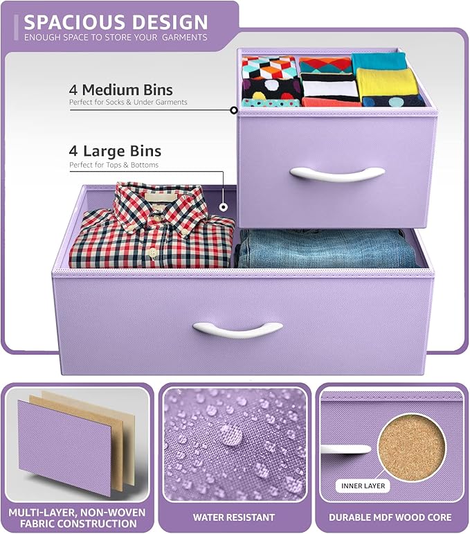 Sorbus Dresser with 8 Drawers - Furniture Storage Chest for Kid’s, Teens, Bedroom, Nursery, Playroom, Clothes, Toys - Steel Frame, Wood Top, Fabric Bins (Purple)