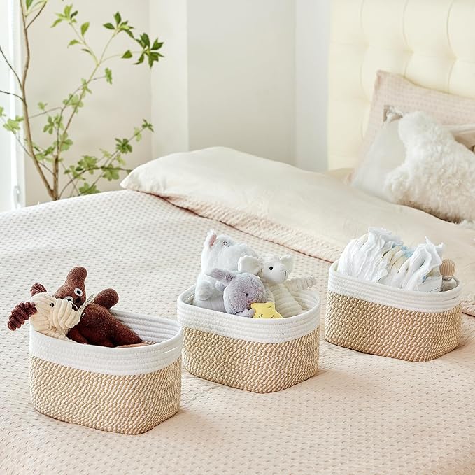 Small Cotton Rope Basket – Storage Bin for Organizing (10.6" x 6.7" x 6.7"), Bathroom Storage Basket for Shelf, Counter & Closet（White & Mixed Camel）
