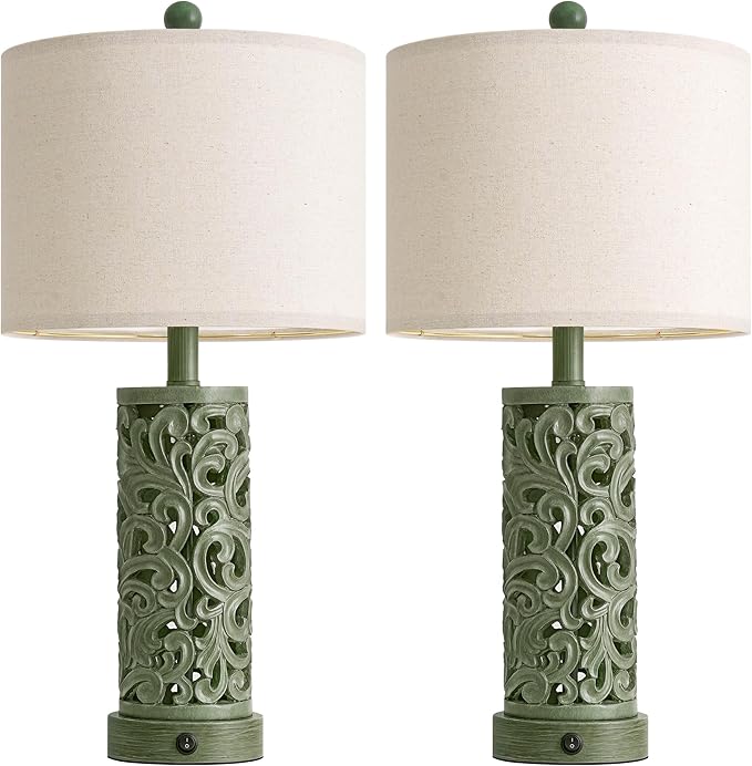 OYEARS 22'' Table Lamp Set of 2 for Living Room, Farmhouse Lamp for Bedroom, Vintage Bedside Lamps with Retro Design and USB Ports, Linen Shade for Home Office (Bulb Included, Green)