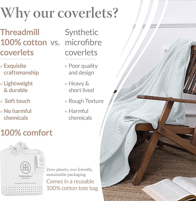 Threadmill Luxury Cotton Blankets for Queen Size Bed | All-Season 100% Cotton Queen Size Blanket | Aster Jacquard Cozy Lightweight, Soft Breathable Coverlet fits Full Size Bed, 90x92 | Light Blue