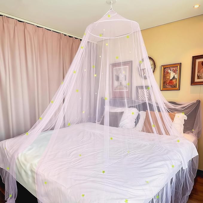 Pink Princess Bed Canopy for Girls with Glowing Stars, Canopy Bed Curtains for Twin, Full, and Queen Sizes; Ceiling Tent for Reading Nooks, Mosquito Net for Indoor Room Decor and Outdoor Use