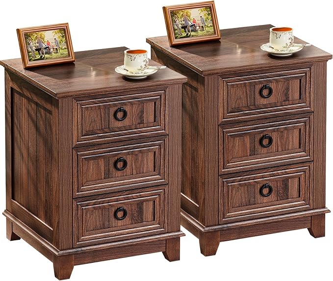 Farmhouse Night Stand Set of 2, 18" End Table with 3 Drawer Metal Handle, Dresser for Bedroom, Sofa Bed Side Table Chest of Drawers,Wood Nightstand Cabinet for Organizer, Living Room-Brown