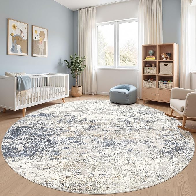 10ft Round Area Rug Living Room Rugs - 10x10 Washable Circle Rug Large Soft Indoor Neutral Modern Abstract Low Pile Carpet for Bedroom Dining Room Farmhouse Home Office - Beige Blue