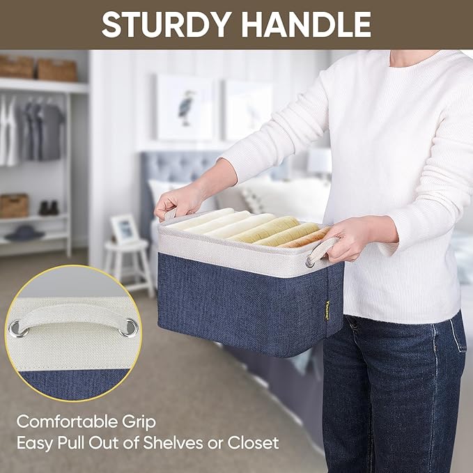 BALEINE 2 Pack Fabric Storage Bins for Shelves, Linen Storage Baskets for Organizing, Decorative Closet Bins for Clothes, Home (Navy Blue, 12"x8"x8")