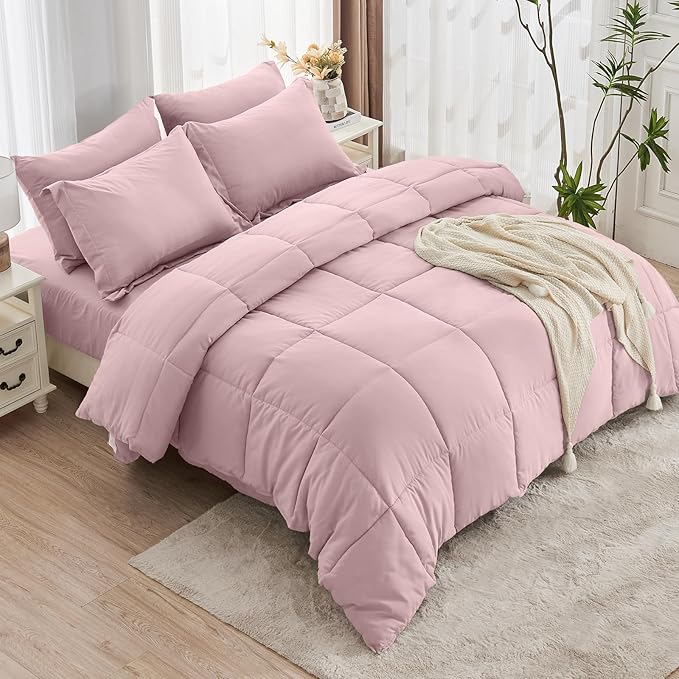 JOLLYVOGUE Full Comforter Set, Ultra-Soft Bed in a Bag Full Size 7 Pieces, Oeko-TEX Certified Bedding Set with Down Alternative Comforter, Sheets, Pillowcases & Shams, Camio Pink