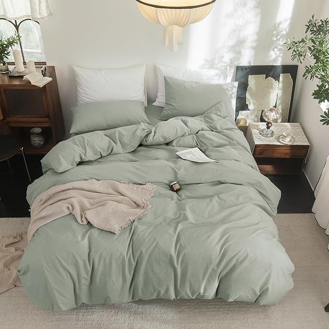 FOSSA Duvet Cover Set 100% Washed Cotton Linen Feel Super Soft Breathable Cozy Simple Style 3 Pieces Bedding Sets Solid Sage Green Super King Plus