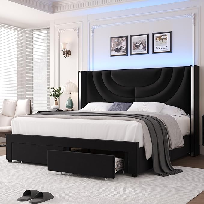 HITHOS King Upholstered LED Bed Frame with 2 Storage Drawers, Velvet Platform Bed with Wingback Headboard, Solid Wooden Slats Support, No Box Spring Needed, Headboard Splicing Design