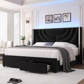 HITHOS Full Upholstered LED Bed Frame with 2 Storage Drawers, Velvet Platform Bed with Wingback Headboard, Solid Wooden Slats Support, No Box Spring Needed, Headboard Splicing Design, Black