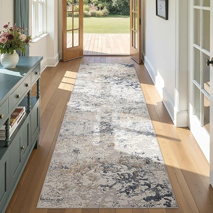 Washable Runner Rug for Hallway: 3x8 Neutral Modern Abstract Low Pile Area Rug with Non-Slip Backing - Carpet for Bedroom Kitchen Laundry Entryway Bathroom Indoor - Beige Blue