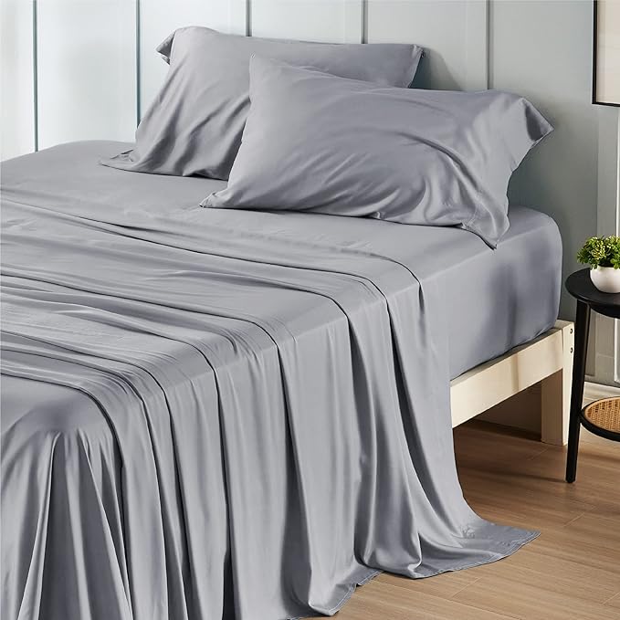 Bedsure Cooling Sheets Twin XL, Rayon Derived from Bamboo, Breathable & Soft Twin XL Sheet Sets, Deep Pocket Up to 16 Inches, Hotel Luxury Silky Dorm Bedding for Hot Sleepers, Silver Grey