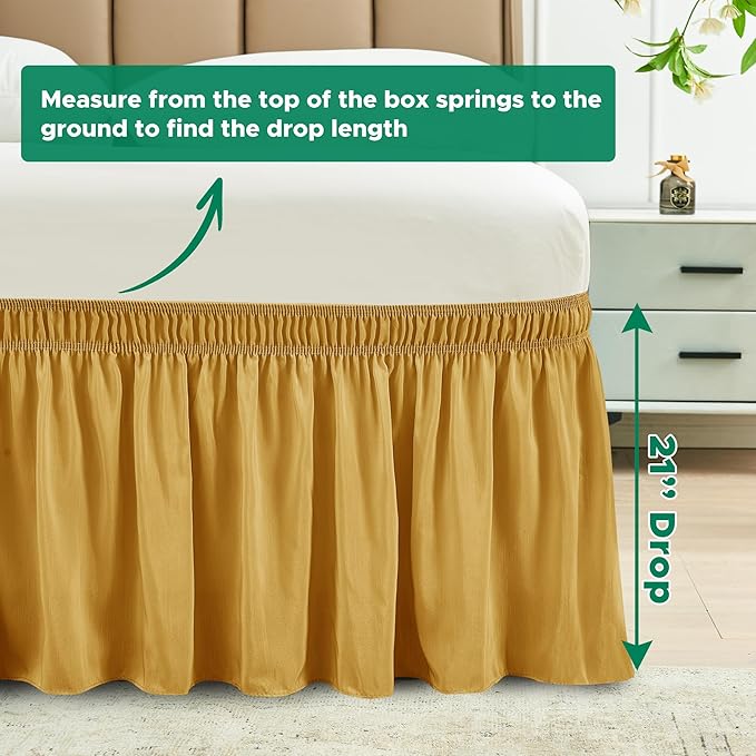 Biscaynebay Wrap Around Bed Skirts for King & Cal King Beds 21" Long Drop, Gold Adjustable Elastic Dust Ruffles Easy Fit Wrinkle Resistant Silky Luxurious Fabric Machine Washable