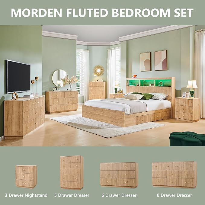 Fluted Dresser for Bedroom, 55" W 8 Drawer Dressers, Wood Tall Dresser Storage Organizer, Modern Bedroom Chest of Drawers with Deep Storage for Closet Hallway, Entryway, Living Room Natural