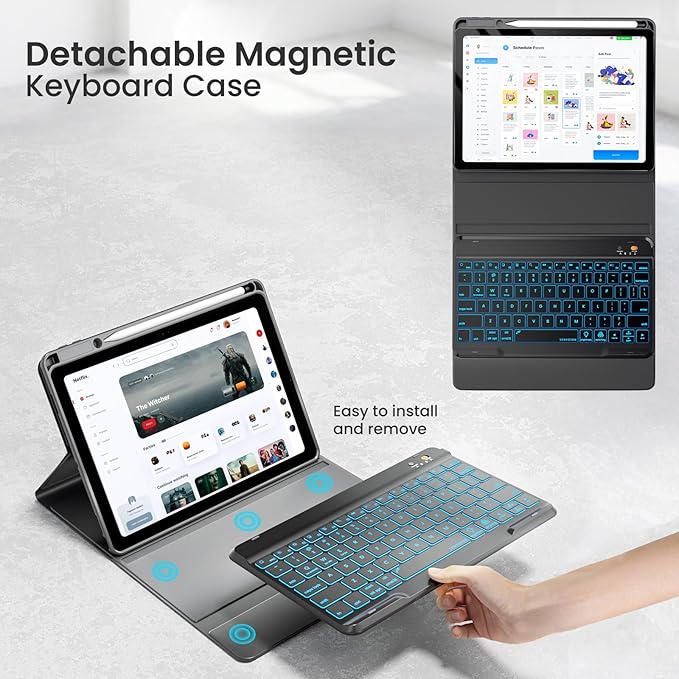 Magnetic Keyboard Case for iPad Air 5th 4th Generation 10.9 inch Pro 11 1st/2nd/3rd/4th, 7 Color Backlight BT Keyboard Folio with Pencil Holder 2022 2021 2020 2018 (Black