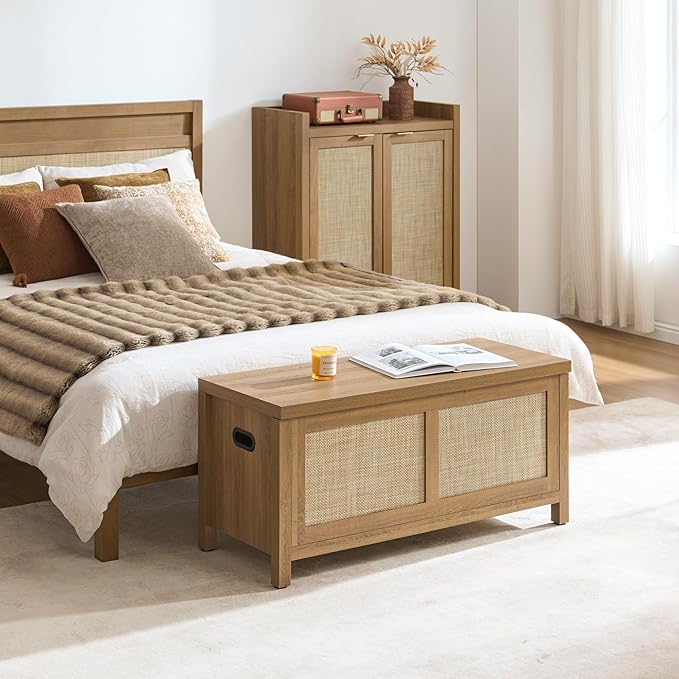 SICOTAS Rattan Storage Chest Set of 2-39.4" Storage Bench for Bedroom, Boho Storage Truck with 2 Safety Hinges and Flip Top for Living Room Entryway, Supports 220 lb, Oak, 2 PCS