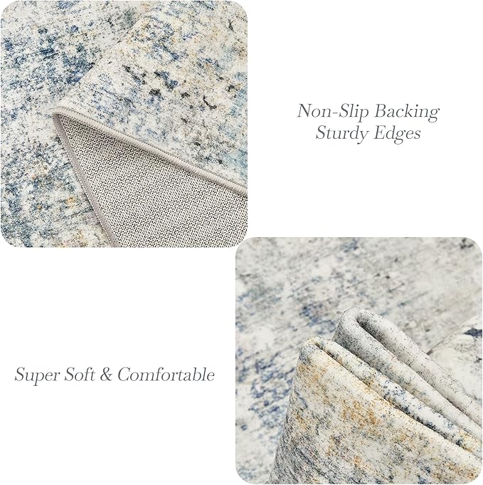 6x9 Abstract Area Rugs for Living Room 6 x 9 Washable Non Slip Low Pile Gray Rugs for Bedroom Dining Room Foldable Thin Blue Yellow