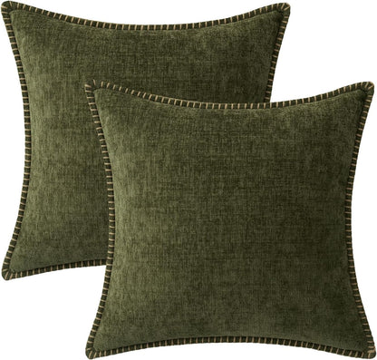 MIULEE Pack of 2 Couch Throw Pillow Covers 18x18 Inch Olive Green Farmhouse Decorative Pillow Covers with Stitched Edge Soft Chenille Solid Dyed Spring Pillow Covers for Sofa Bed Living Room